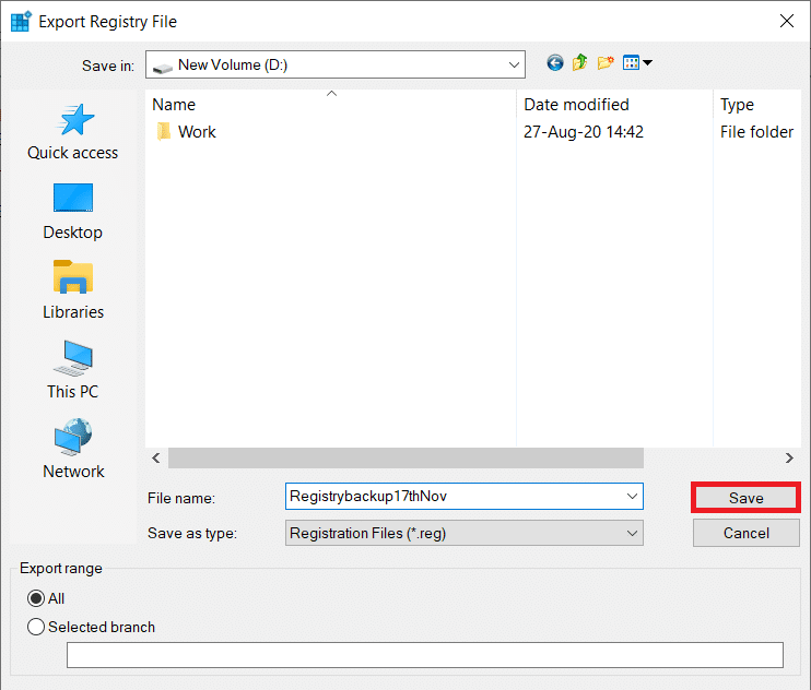 Select an appropriate location to export the registry