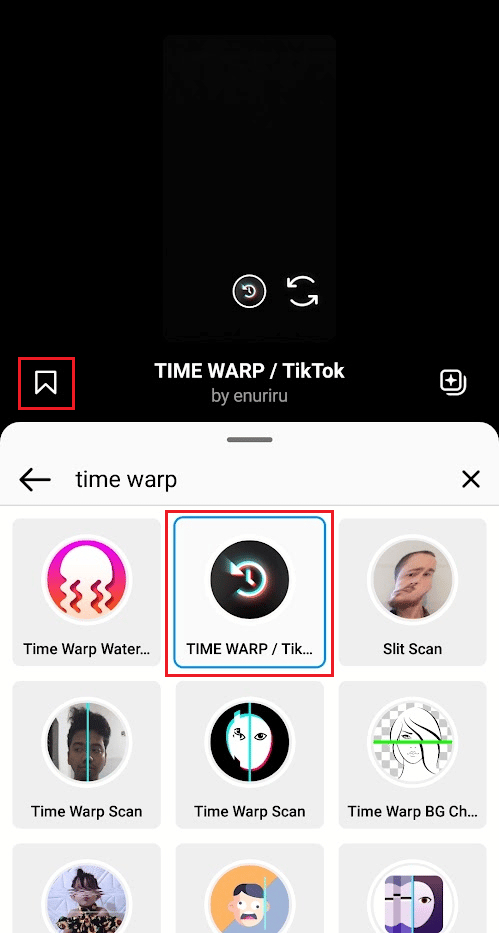 Select any desired Time Warp filter from the collection and tap on the bookmark icon to save it