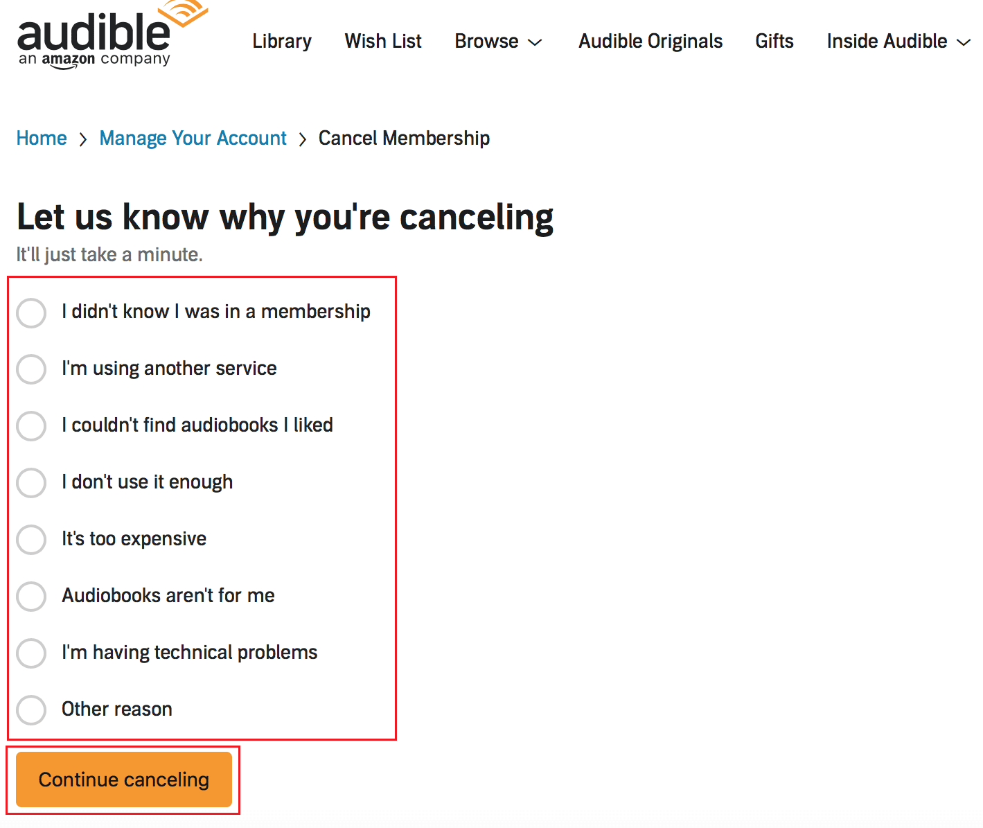 Select any desired reason and click on Continue canceling