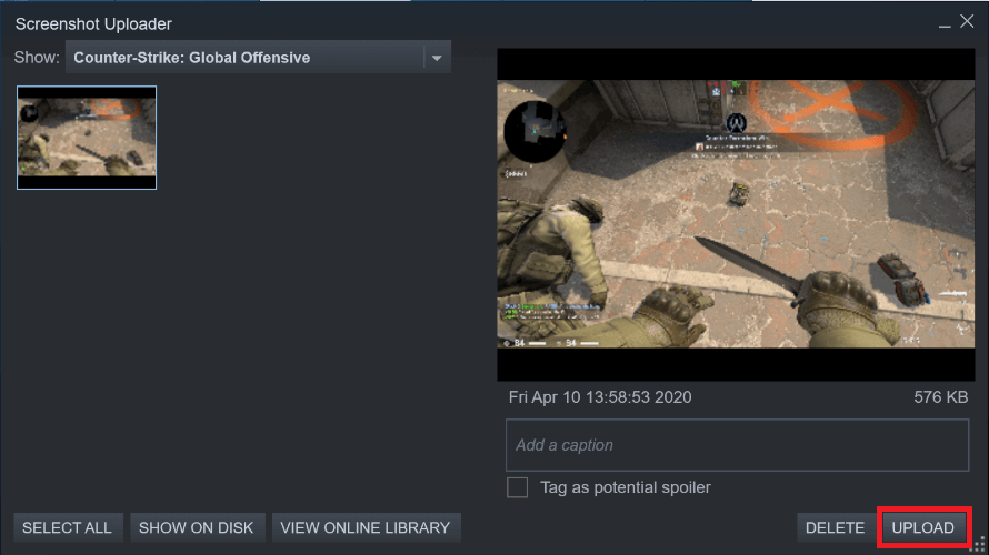 Select any screenshot and click on Upload to upload it to your Steam profile | Access Steam Screenshot Folder on Windows 10