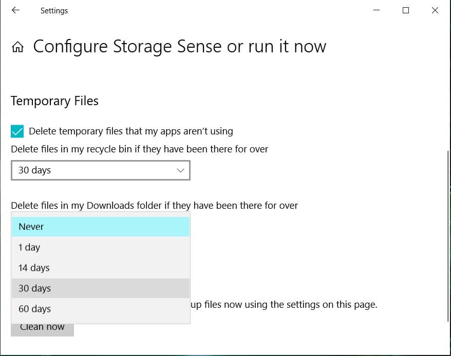 Select between the options Never and one day and so on | 10 Ways to Free Up Hard Disk Space On Windows 10