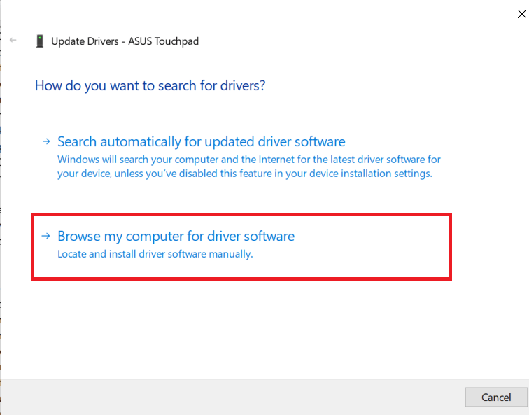 Select browse my computer for driver software | Fix Dell Touchpad Not Working