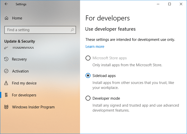 Select either Windows Store apps, Sideload apps, or Developer mode