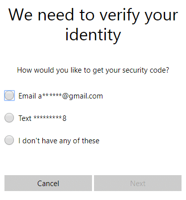 Select how you want to get the security code and then click Next