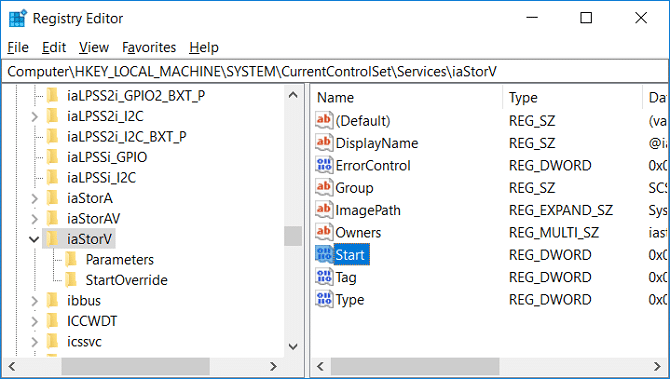 Select iaStorV in the registry then double-click on Start DWORD