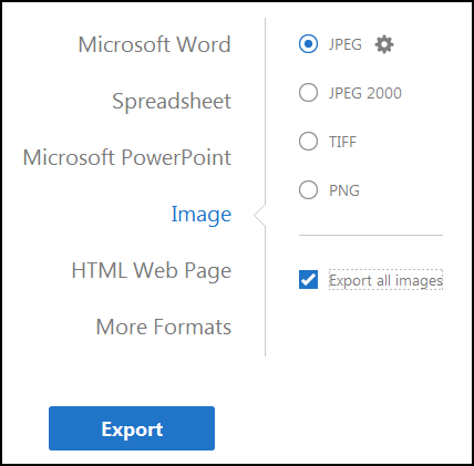 Select in which format you want to export the PDF file then checkmark Export all images
