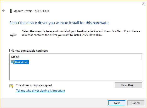 Select latest Disk drive driver for the SD Card reader | Fix SD Card Not Detected in Windows 10