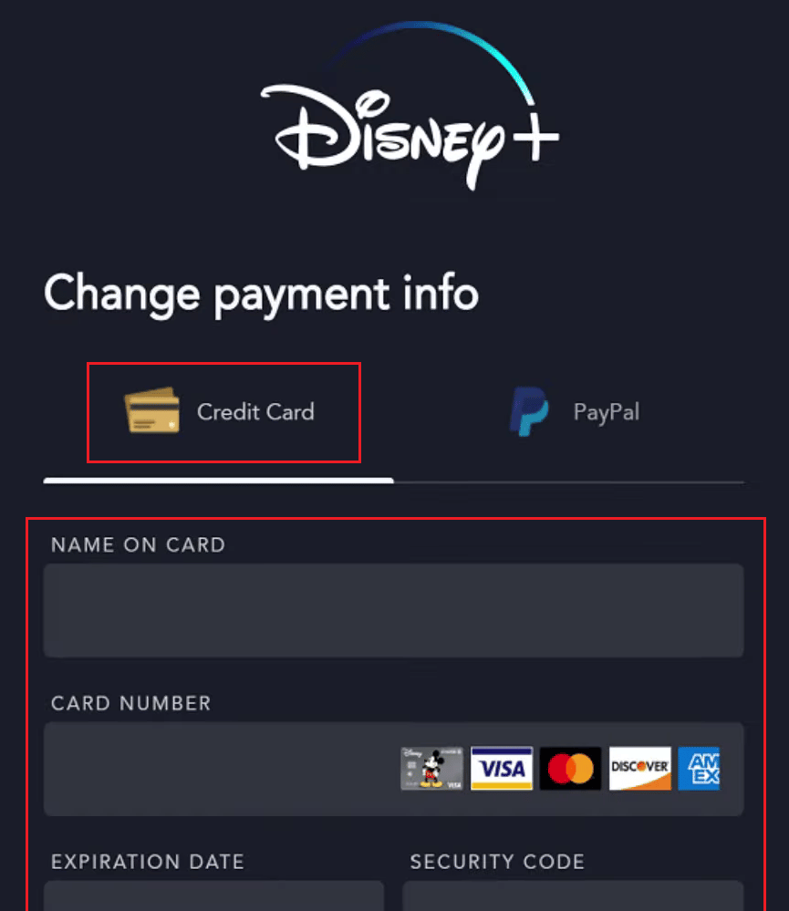 Select the Credit Card tab and enter your new credit card details | How Do You Cancel Your Disney Plus Account