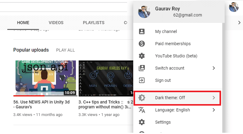 Select the Dark Theme option from the menu