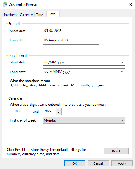 Select the Date tab then select or enter any custom date formats you want to use