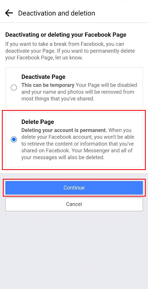 Select the Delete Page option and tap on Continue