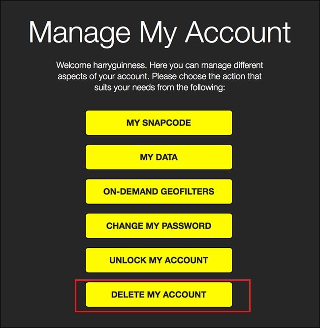 Select the “Delete my Account” option