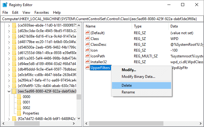 Select the {EEC5AD98-8080-425F-922A-DABF3DE3F69A} key and then in the right window pane find UpperFilters.