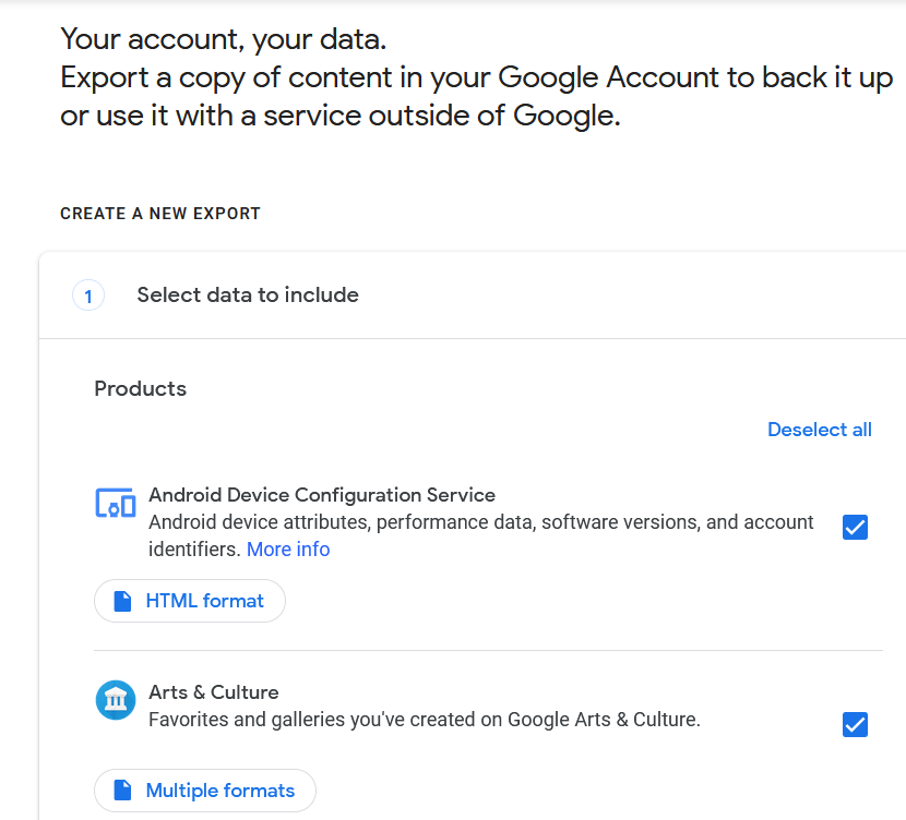 Select the Google products from where you want your data to be downloaded