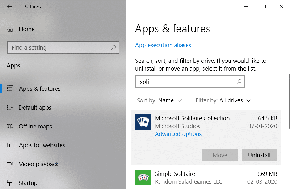 Select the Microsoft Solitaire Collection app then click on the Advanced options