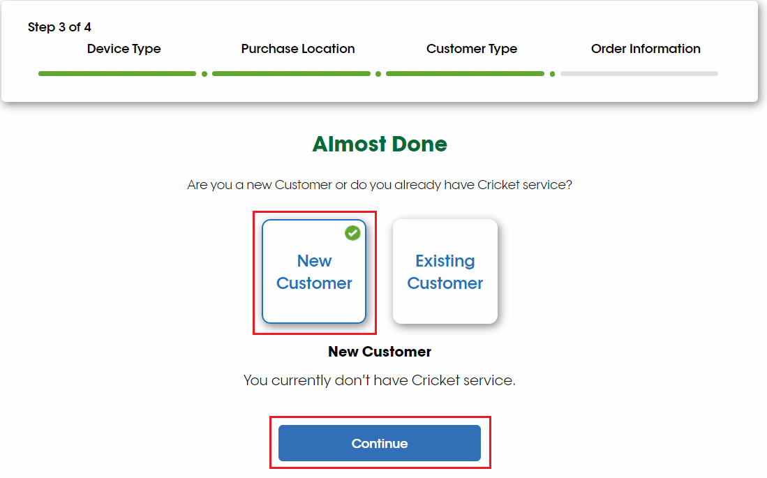 Select the New Customer tab and click on Continue