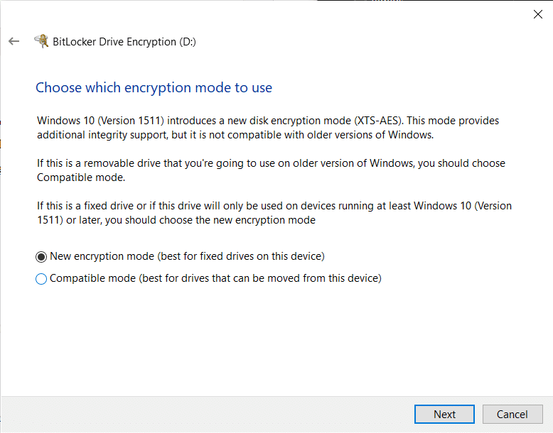 Select the New encryption mode