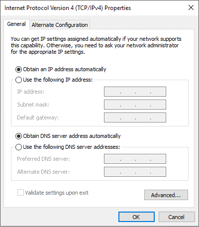 Select the Obtain an IP address automatically radio button | Fix Can't Connect to the Internet