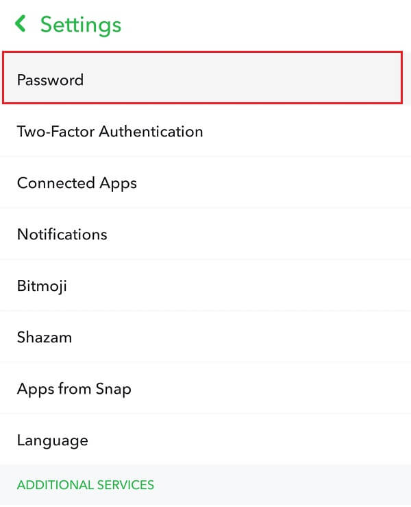 Select the Password option under My Account | Reset Snapchat Password Without Phone Number