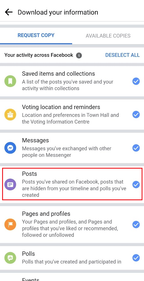Selecione a opção Postagens na lista | Como baixar todas as fotos do Facebook de uma só vez