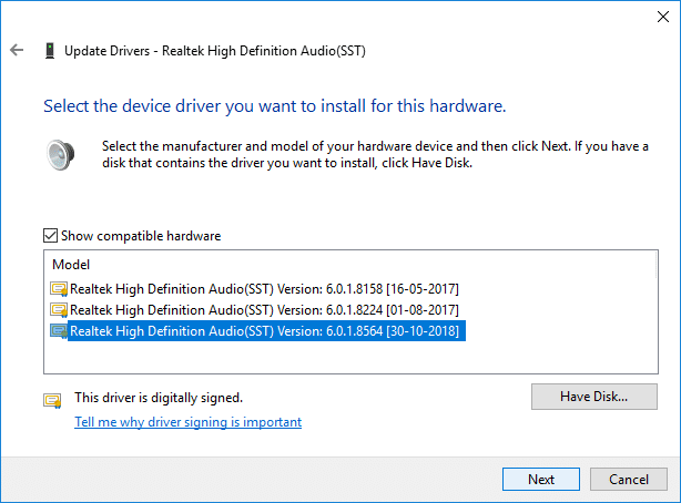 Select the appropriate driver from the list and click Next | Fix HDMI Sound Not Working in Windows 10