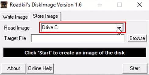 Select the desired Hard Disk or external hard disk whose image you want to create from the Read Image drop-down menu