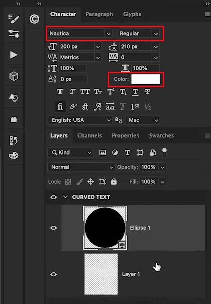Select the desired font and font color | How to Curve Text in Photoshop