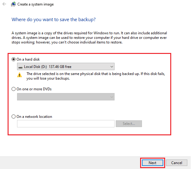 Select the desired hard disk where you want to create a windows image backup and click on Next to start the backup process