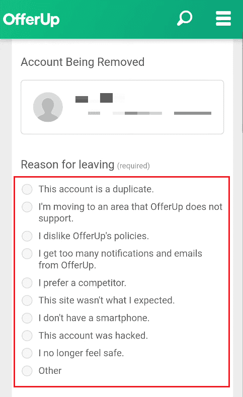 Select the desired reason for the deactivation of the OfferUp account | How to Deactivate OfferUp Account 