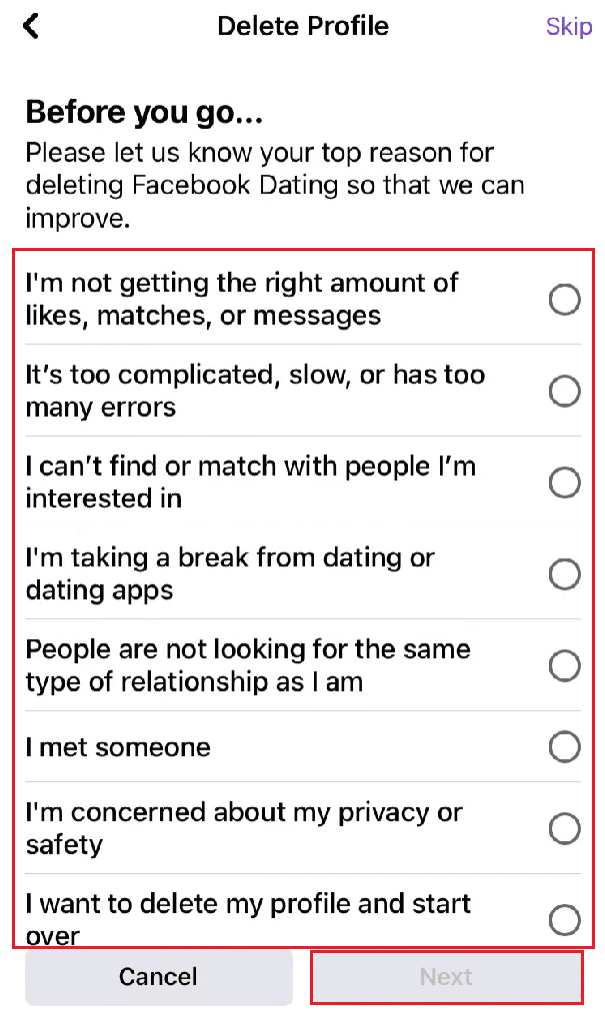 Select the desired reason for the deletion of your account and tap on Next | block dating sites on your phone