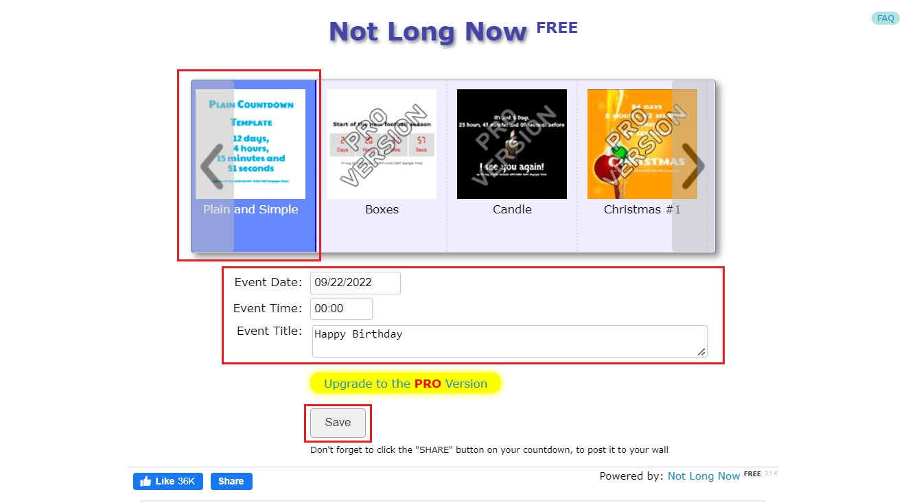 Select the desired template for the countdown and set the Event Date, Time, and Title - Save