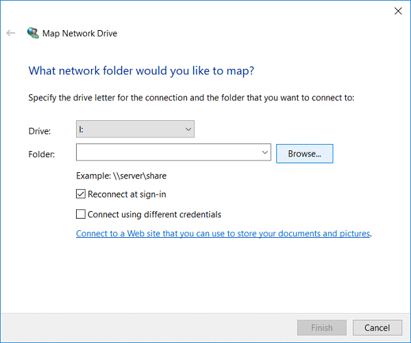Select the drive letter you want to use for the network folder, then click Browse