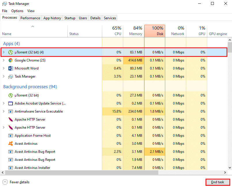 Select the end task from the bottom right of the window screen | Fix uTorrent Not Responding in Windows 10