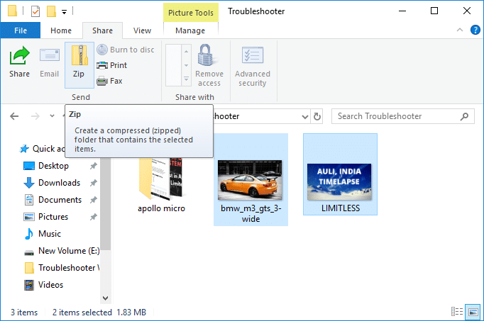 Select the file and folders then click on Share tab then click on the Zip button