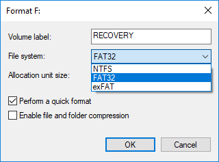 Выберите файловую систему FAT, FAT32, exFAT, NTFS или ReFS в зависимости от вашего использования.