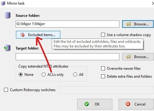 Select the files and folders you want to exclude
