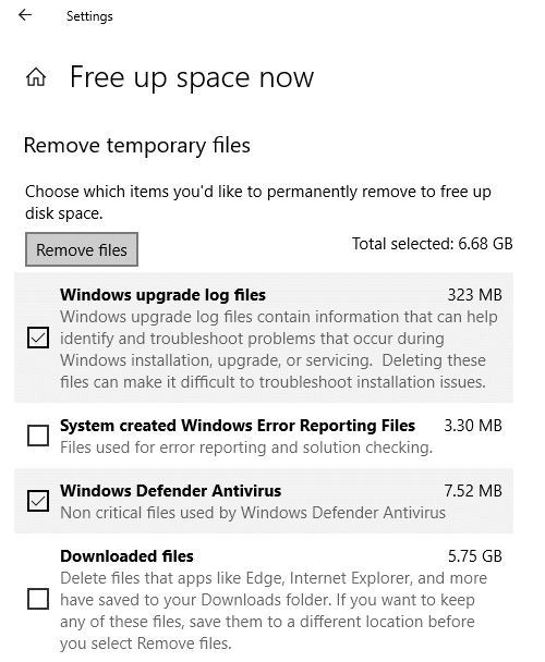 Select the files which you want to delete then click on Remove files button