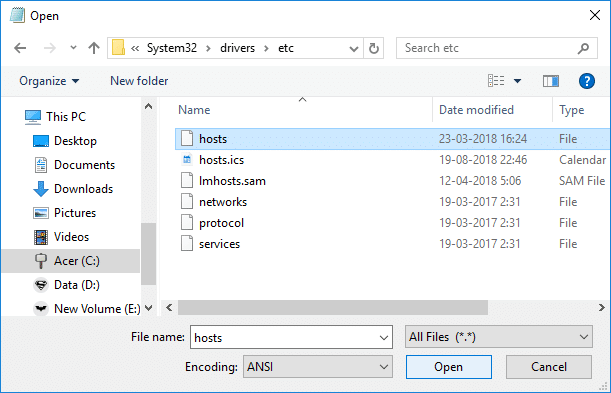 Select the hosts file and then click on Open