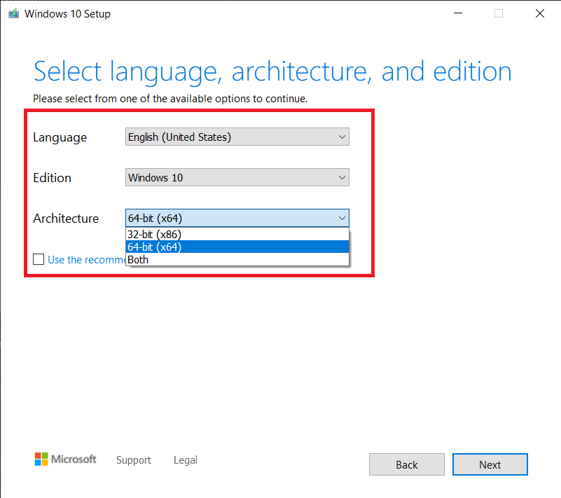 Select the language and architecture for Windows. Click on Next to continue