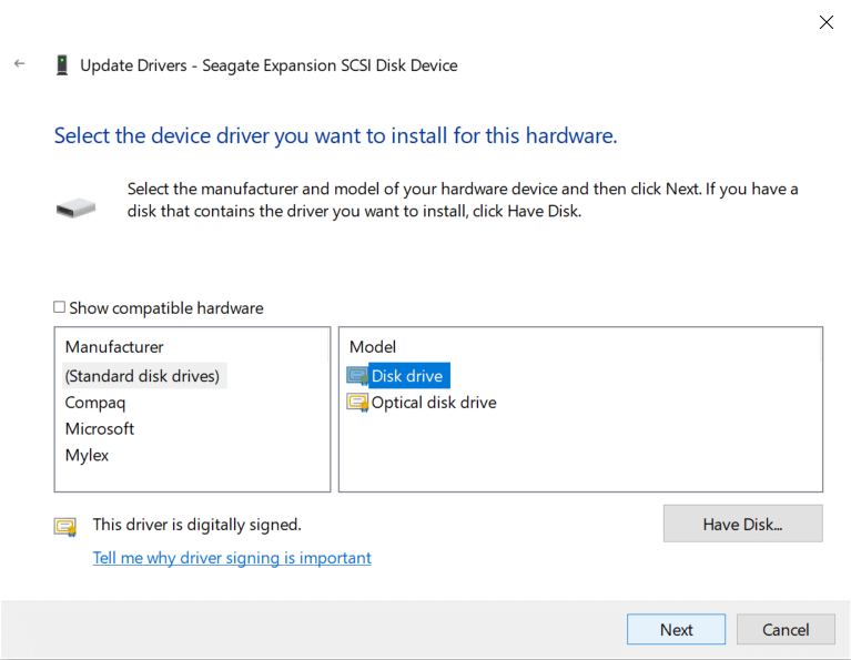 Select the latest drive for external hard drive and click Next