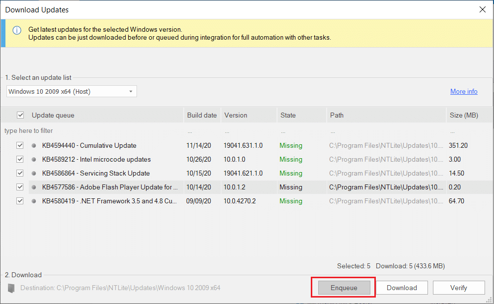 Select the most appropriate build number and click Enqueue button | Slipstream Windows 10 Installation