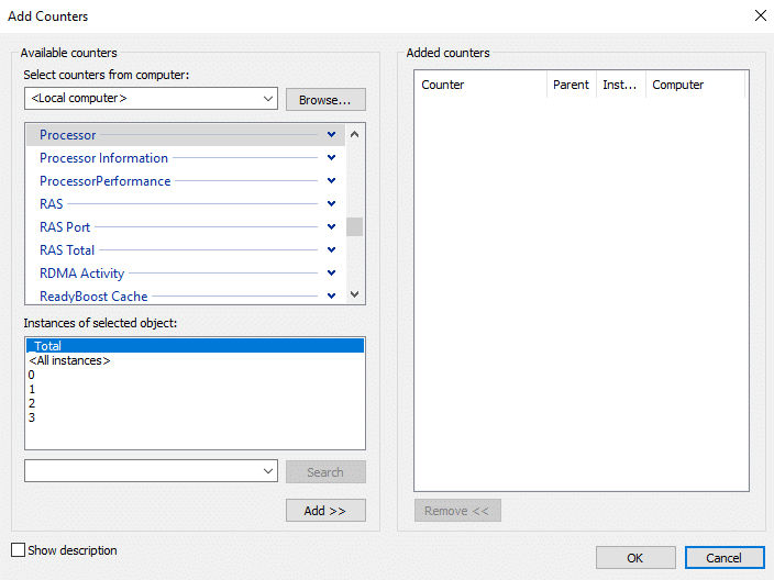 Select the name of your computer from the Select counters from computer dropdown