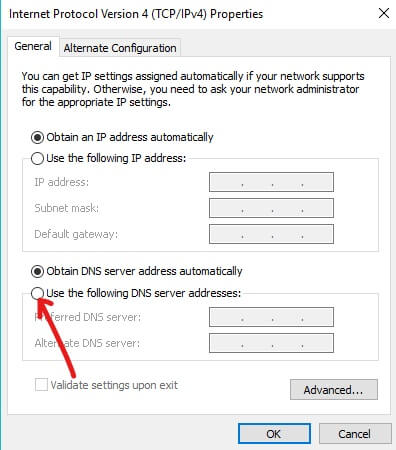 Select the option Use the following DNS server addresses