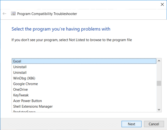 Select the particular program from the list which is having the compatibility issues & then click Next