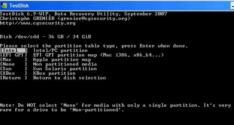 Select the partition type, select IntelPC partition and hit enter