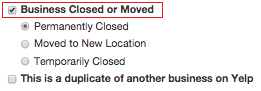 Select the radio button for the Business Closed or Moved option