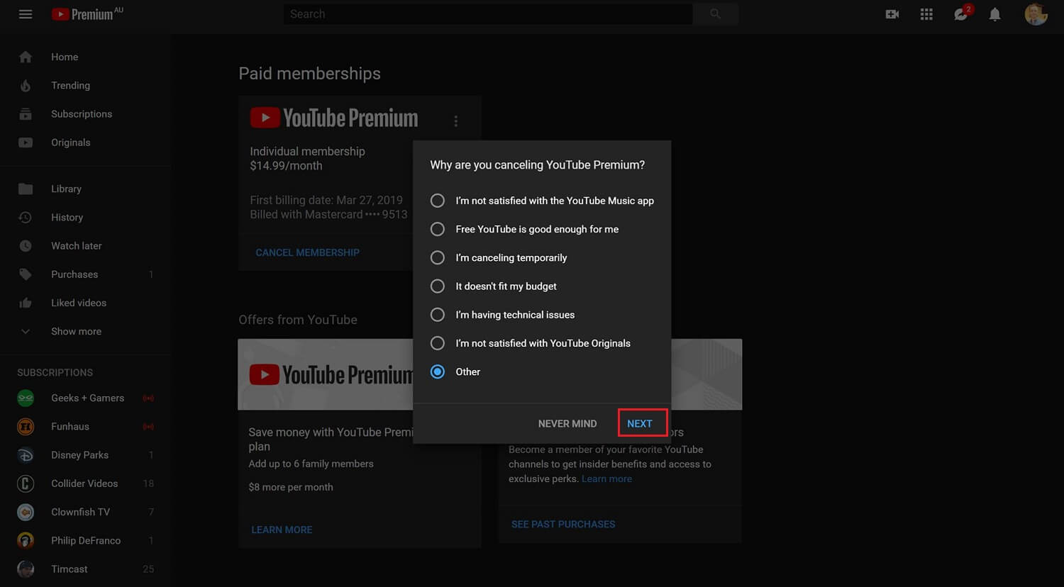 Seleccione el motivo de la cancelación | Cómo cancelar YouTube Premium