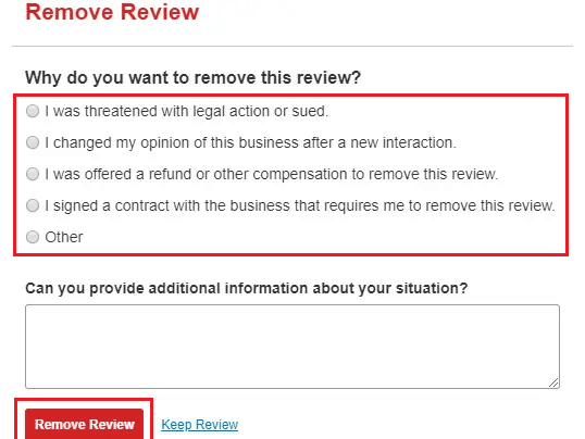 Select the reasons for review deletion and click on Remove Review | How to Delete Yelp Account | remove my address from Yelp
