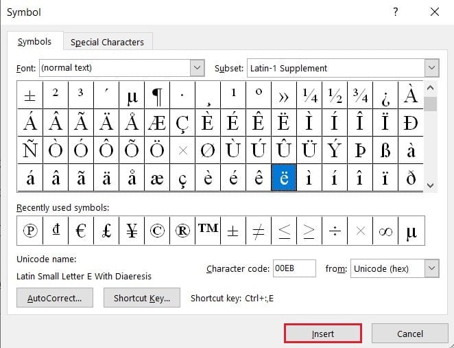 Select the symbol you want to add and click on insert | How to Type Characters with Accents on Windows