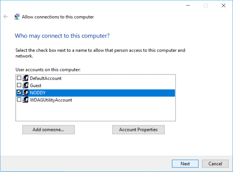 Select the users who can access the VPN on the computer, select Next